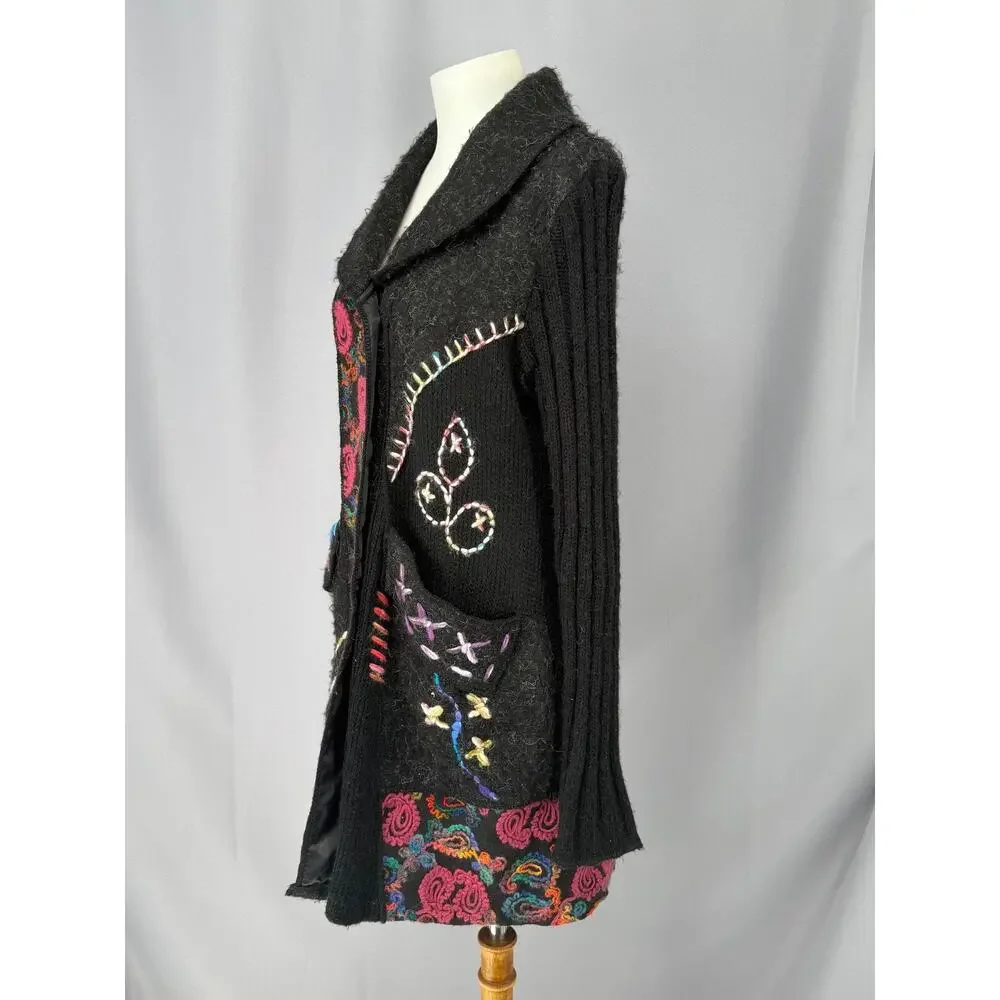 Sioni Cardigan Sweater Womens Large Black Paisley Embroidered Boho Wool Knit - Picture 3 of 13